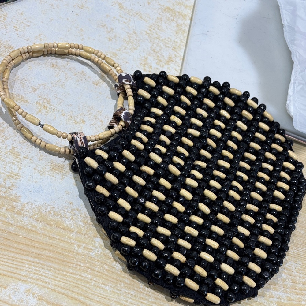 Anthropologie Black and Tan Beaded Bag with beaded handle - Picture 2 of 4